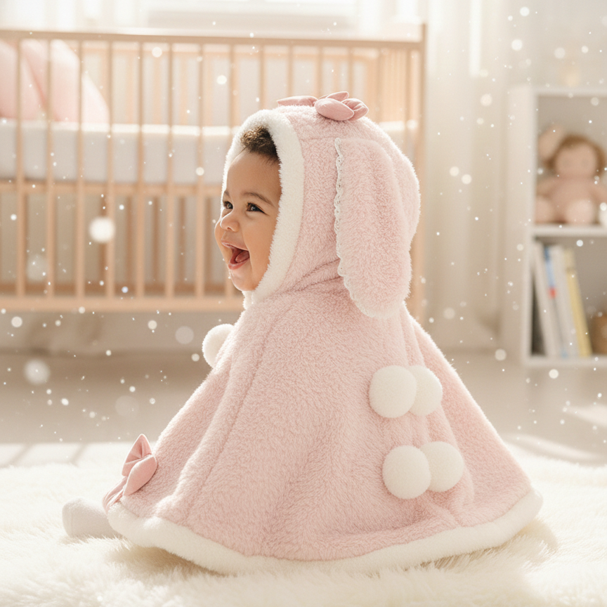 Soft Pink Bunny Ear Hooded Baby Cape - Beekee