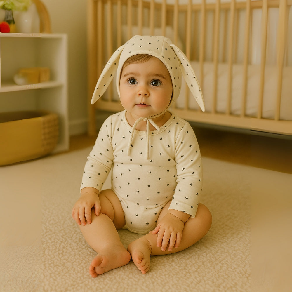 Star Print Baby Romper with Bonnet - Beekee
