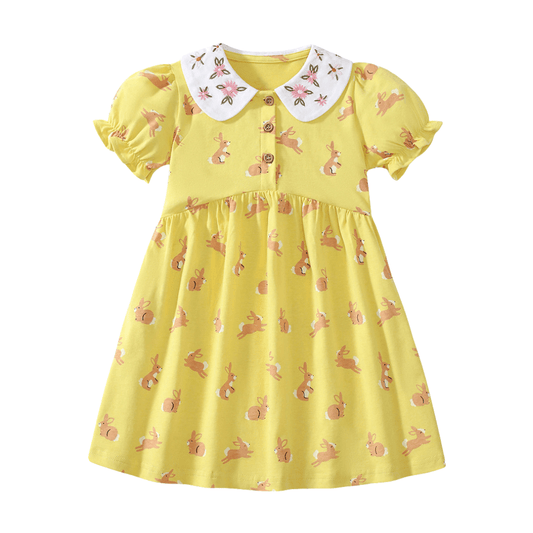 Sweet Bunny Print Girls Dress With Puff Sleeves - Beekee