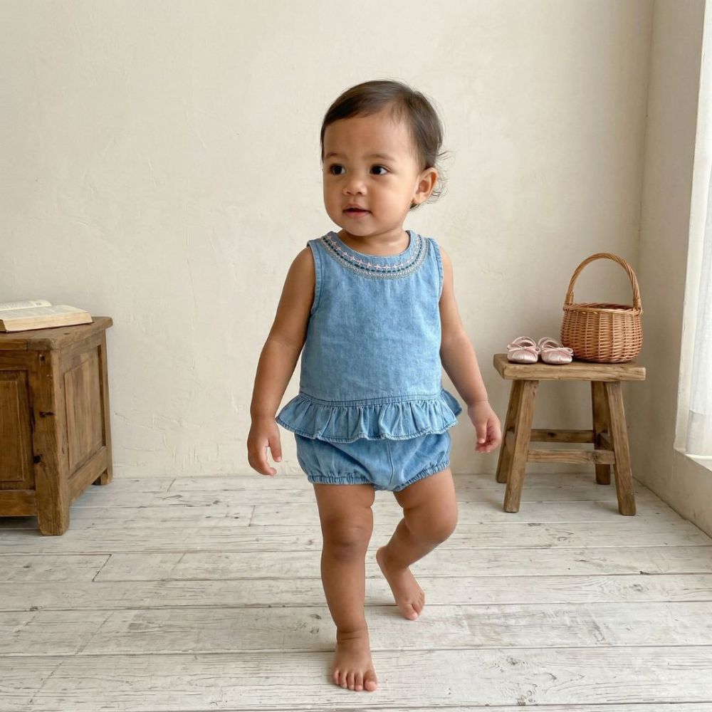 Sweet Denim Ruffle Top & Bloomer Baby Set - Beekee