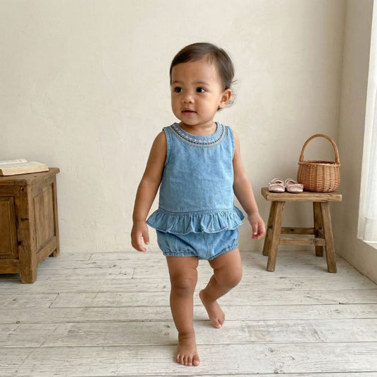 Sweet Denim Ruffle Top & Bloomer Baby Set - Beekee