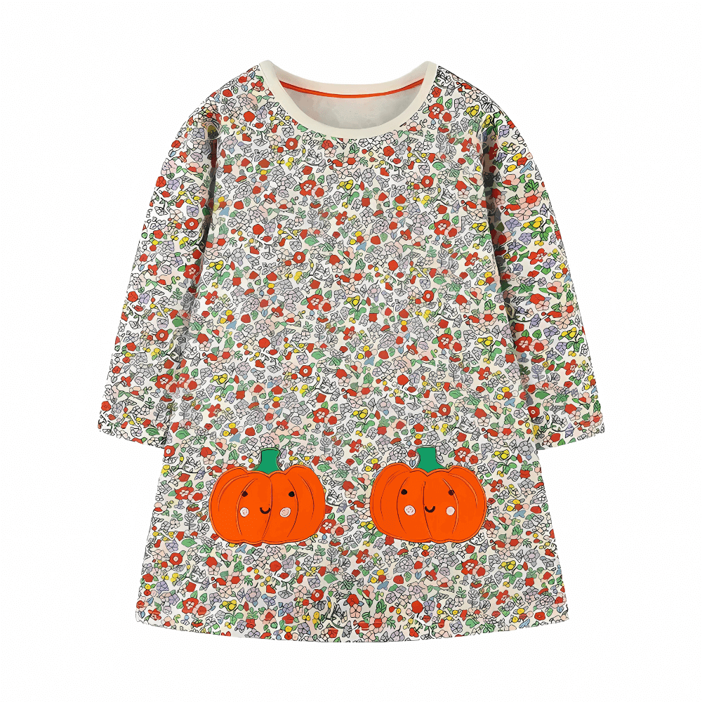 Sweet Pumpkin Floral Girls Long Sleeve Dress - Beekee