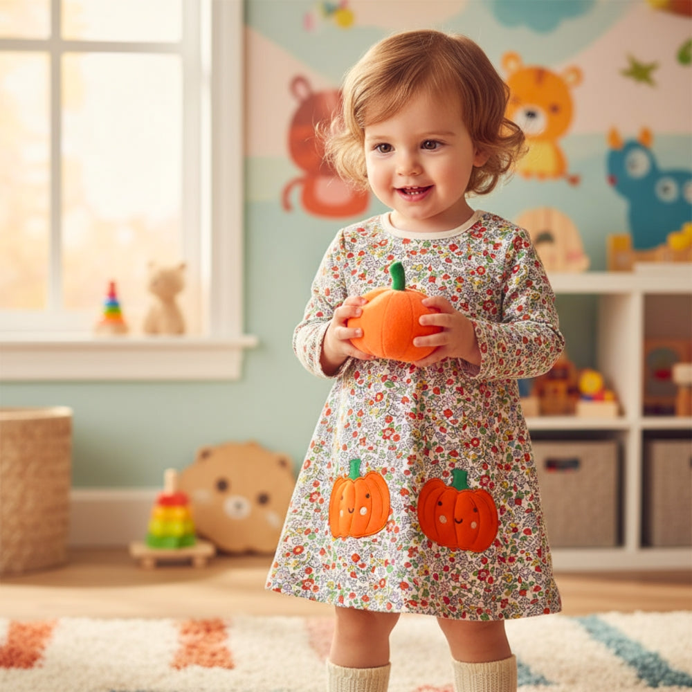 Sweet Pumpkin Floral Girls Long Sleeve Dress - Beekee