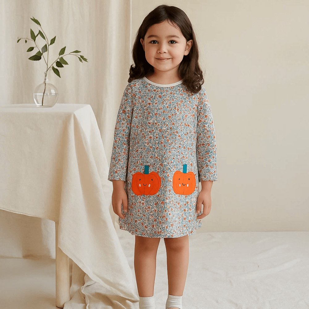 Sweet Pumpkin Floral Girls Long Sleeve Dress - Beekee