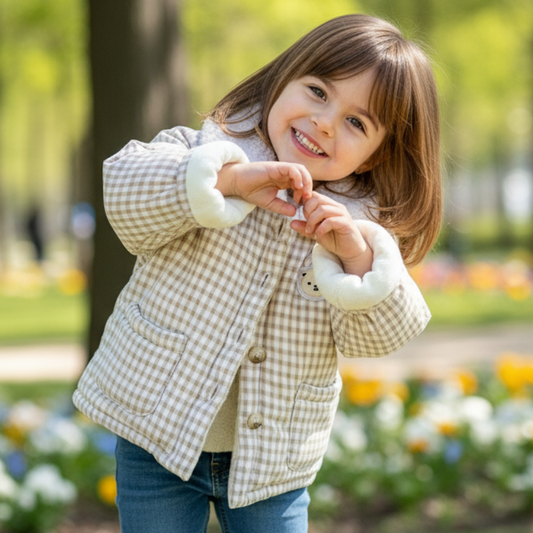 Teddy Bear Patch Checkered Sherpa Jacket - Beekee