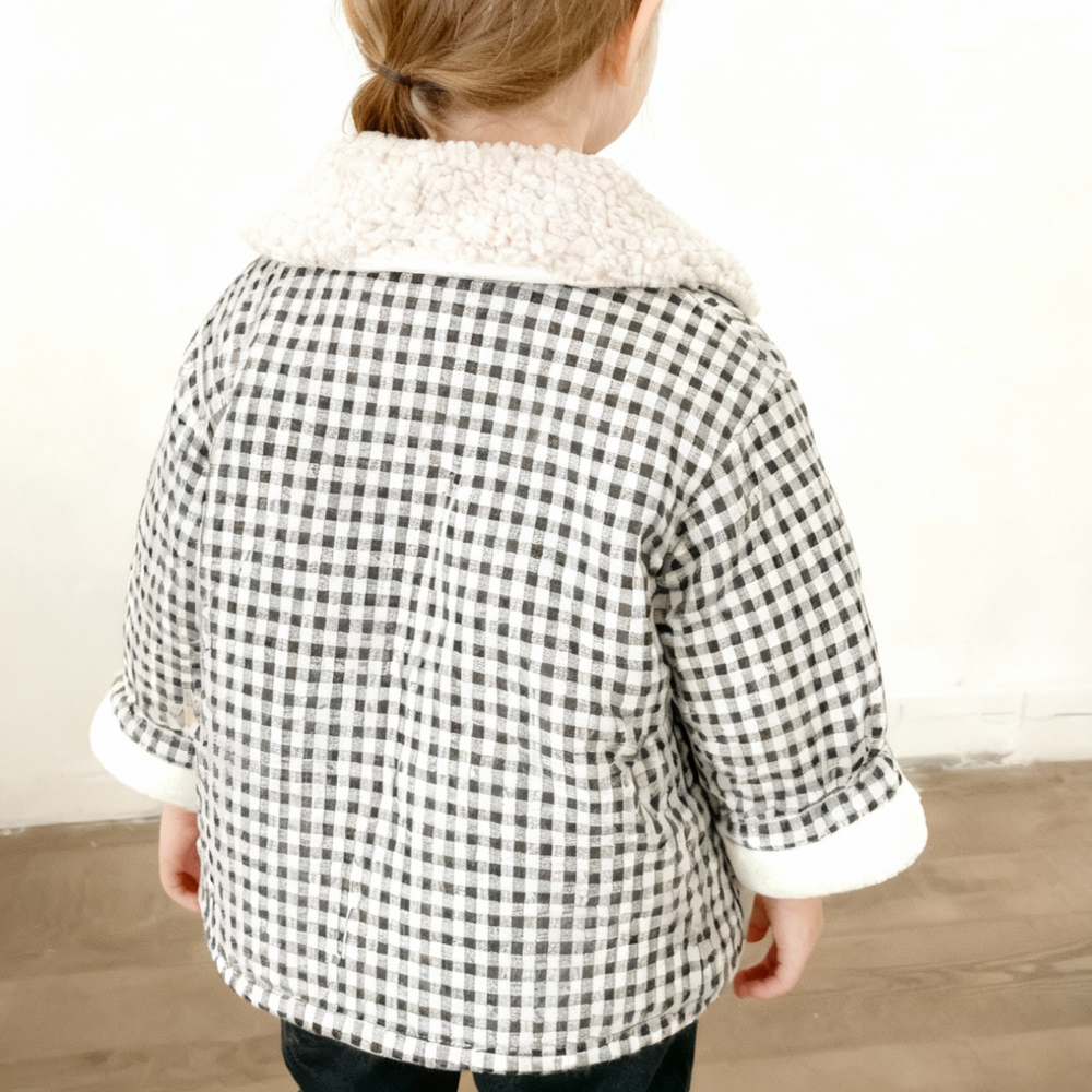 Teddy Bear Patch Checkered Sherpa Jacket - Beekee