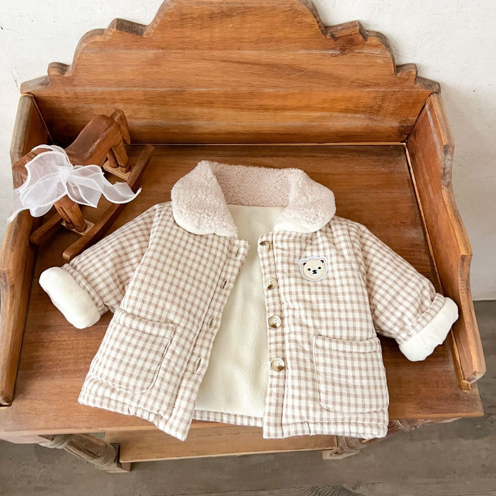 Teddy Bear Patch Checkered Sherpa Jacket - Beekee