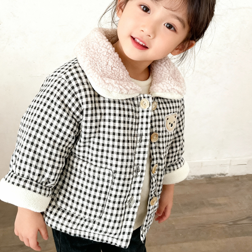 Teddy Bear Patch Checkered Sherpa Jacket - Beekee