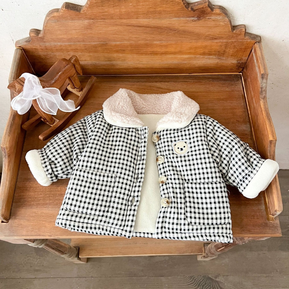 Teddy Bear Patch Checkered Sherpa Jacket - Beekee