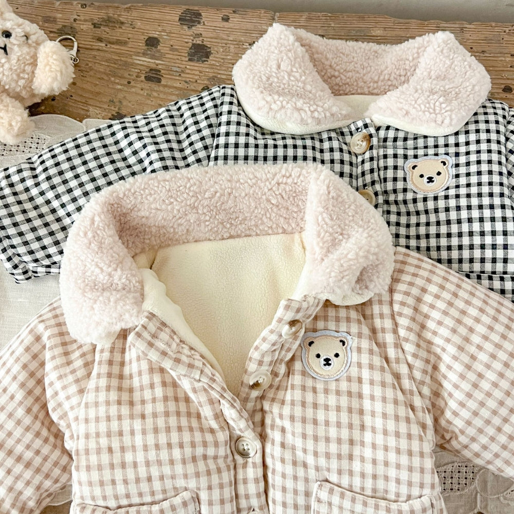 Teddy Bear Patch Checkered Sherpa Jacket - Beekee