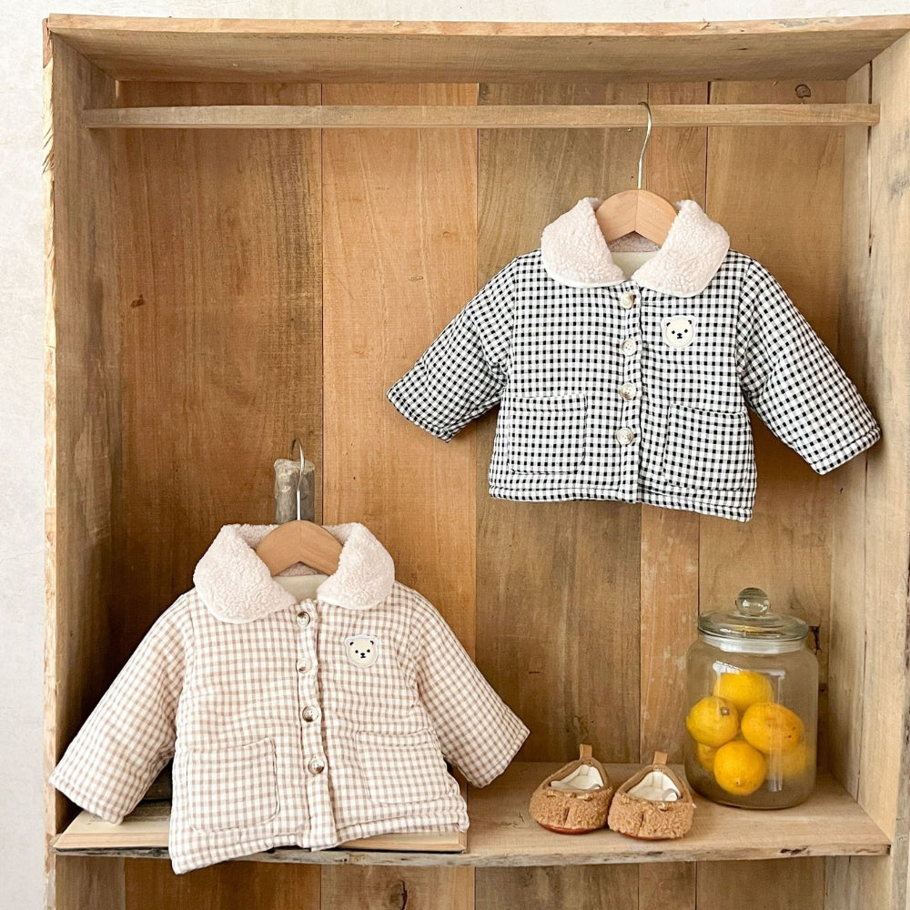 Teddy Bear Patch Checkered Sherpa Jacket - Beekee