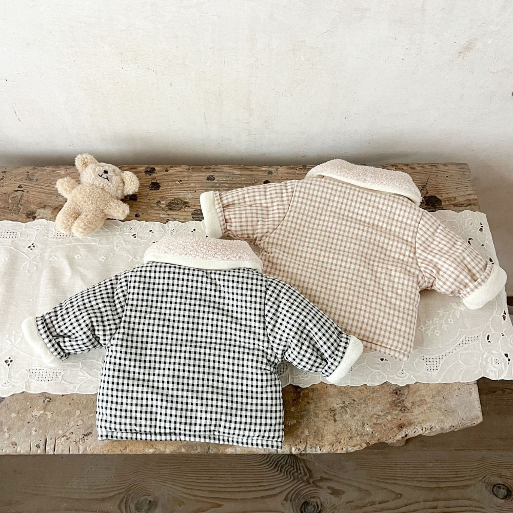 Teddy Bear Patch Checkered Sherpa Jacket - Beekee