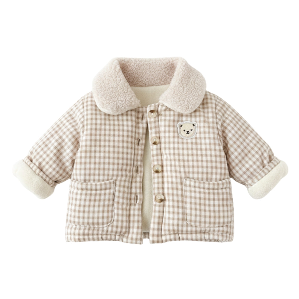 Teddy Bear Patch Checkered Sherpa Jacket - Beekee
