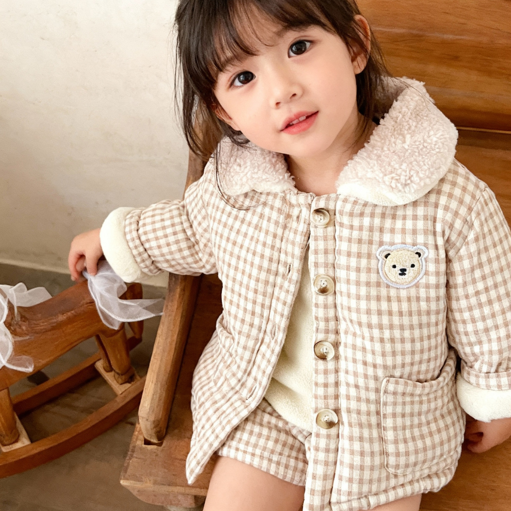 Teddy Bear Patch Checkered Sherpa Jacket - Beekee