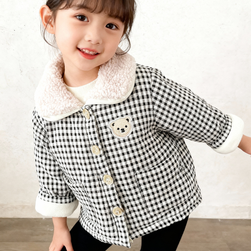 Teddy Bear Patch Checkered Sherpa Jacket - Beekee