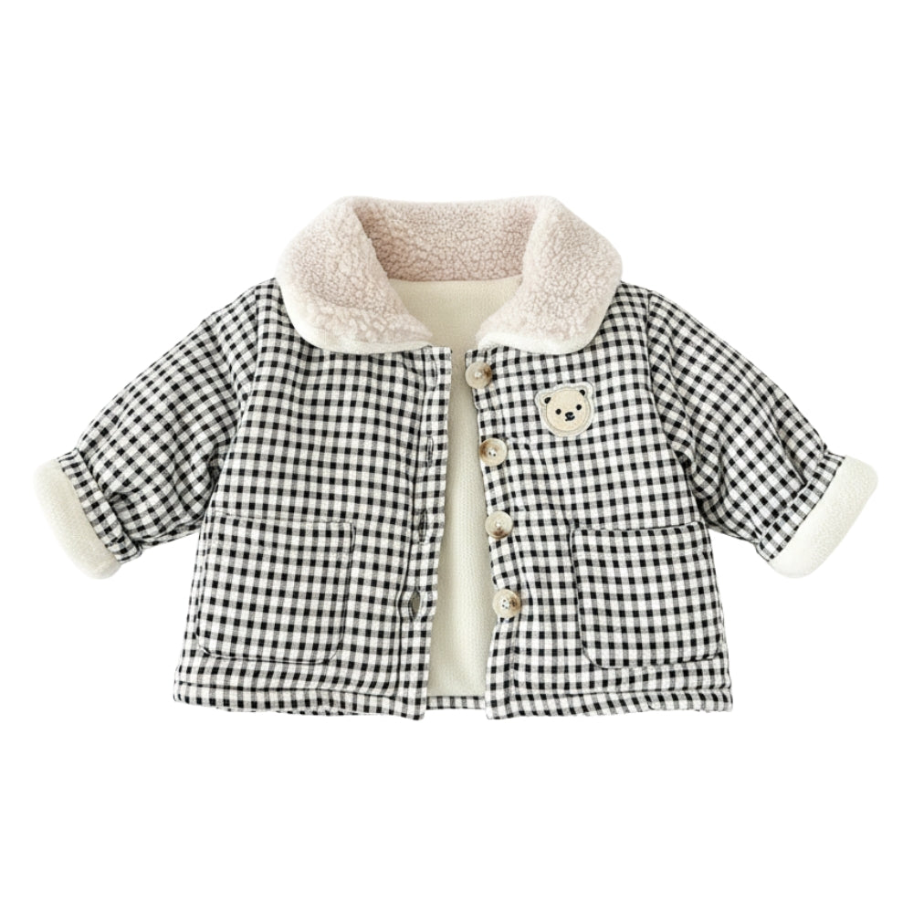 Teddy Bear Patch Checkered Sherpa Jacket - Beekee