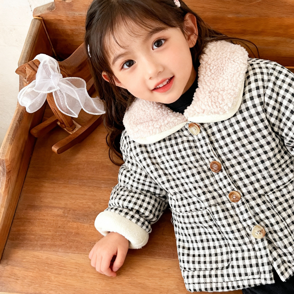 Teddy Bear Patch Checkered Sherpa Jacket - Beekee