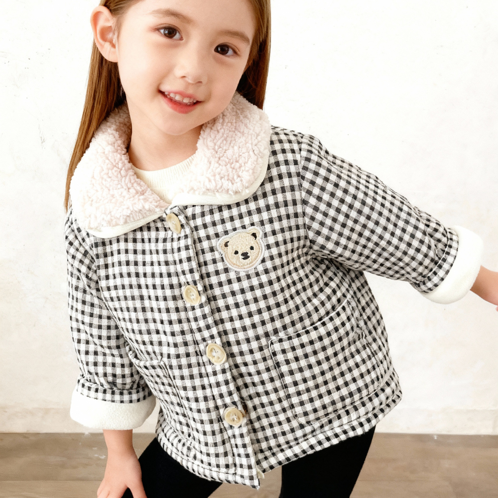 Teddy Bear Patch Checkered Sherpa Jacket - Beekee