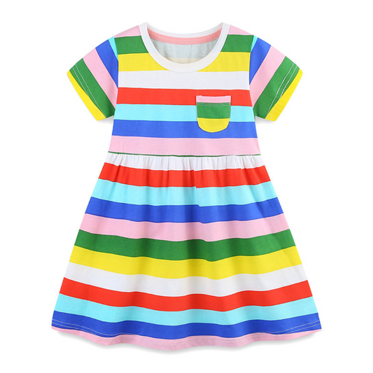 Rainbow Stripe Girls Summer Dress With Pocket - Beekee