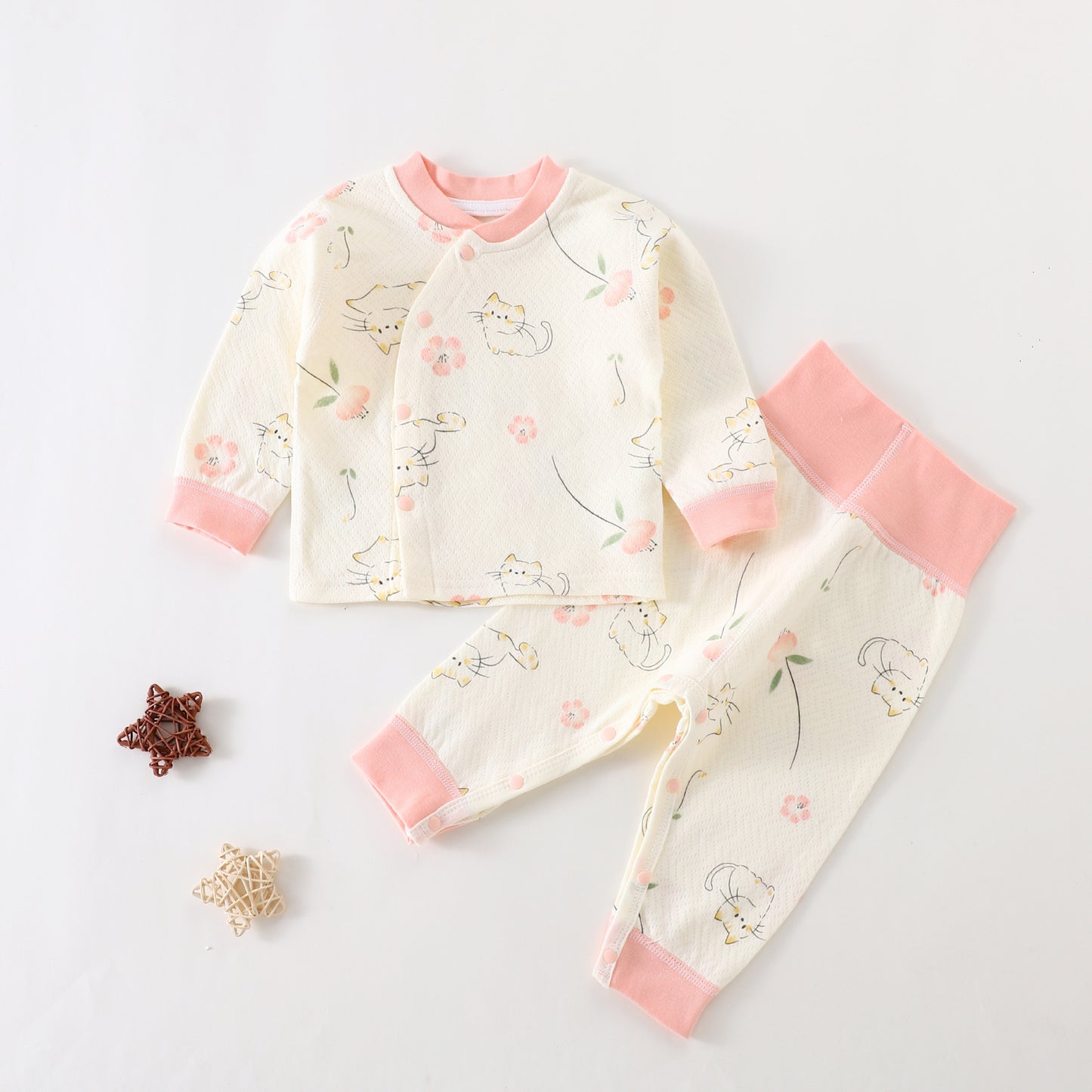 Baby Boy & Girl Cartoon Print Pajama Set – Soft Cotton & Polyester Long Sleeve Top with Pants – Comfortable Baby Sleepwear